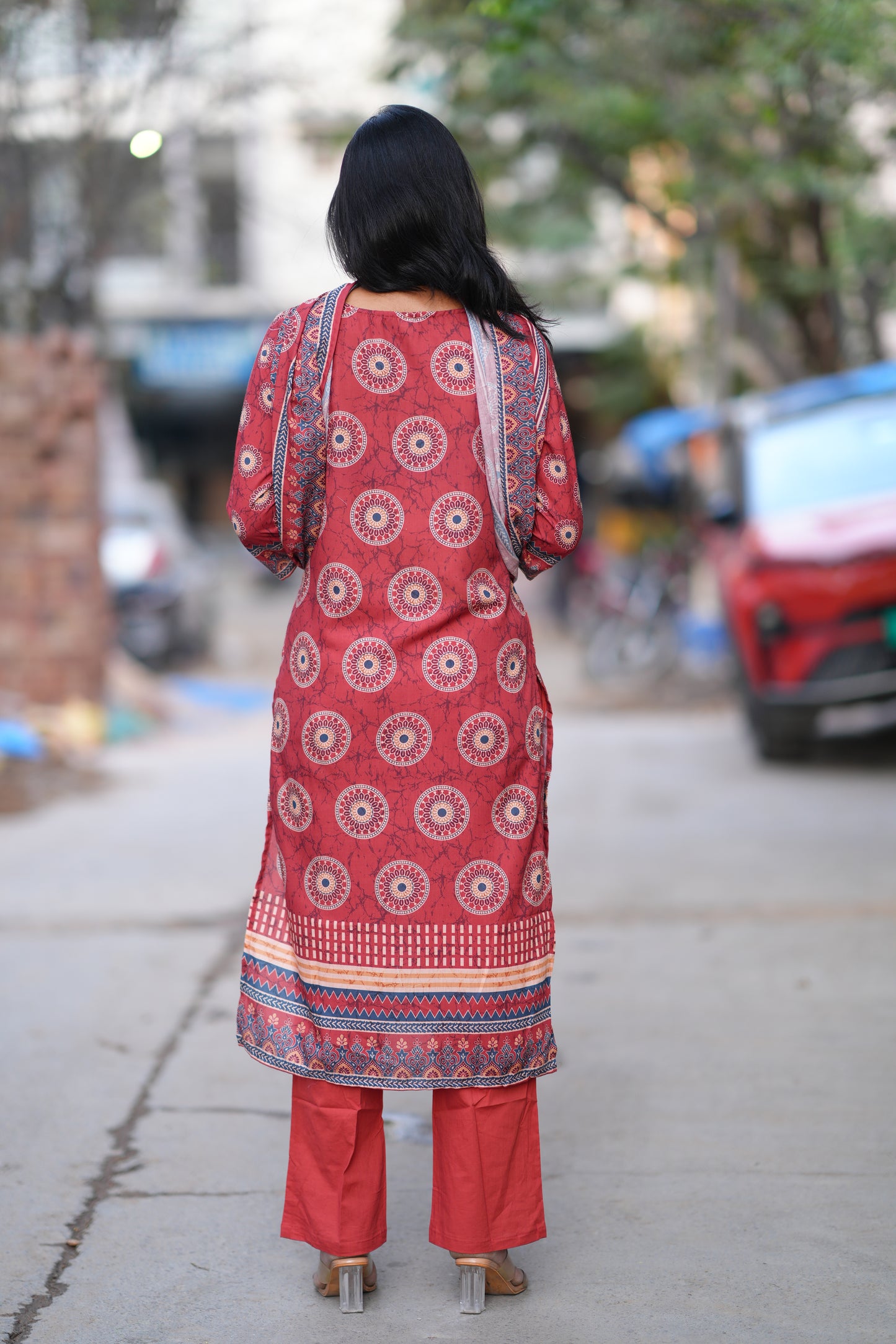 Red Color Fiber Cotton Office Wear 3 Piece Set