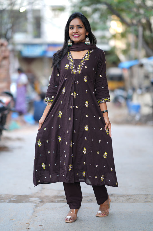 Coffee Brown Color Mul Cotton A Line 3 Piece Set With Embroidery Work and Complete Lining