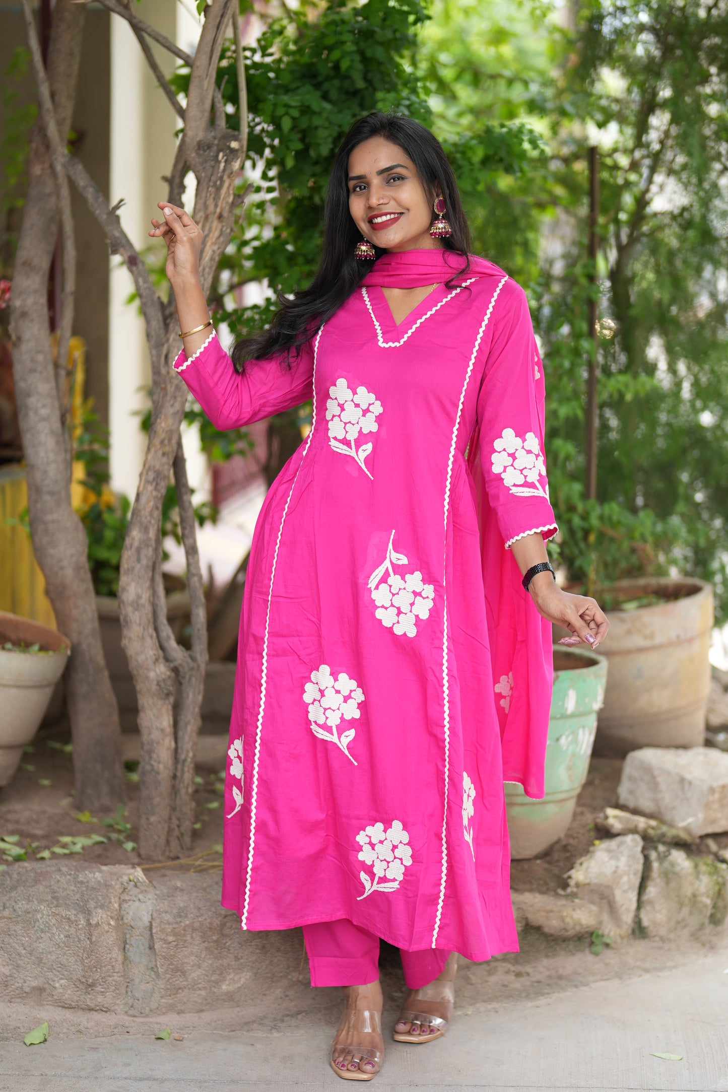 Jaipur Cotton Party Wear 3 Piece Set With Thread Work