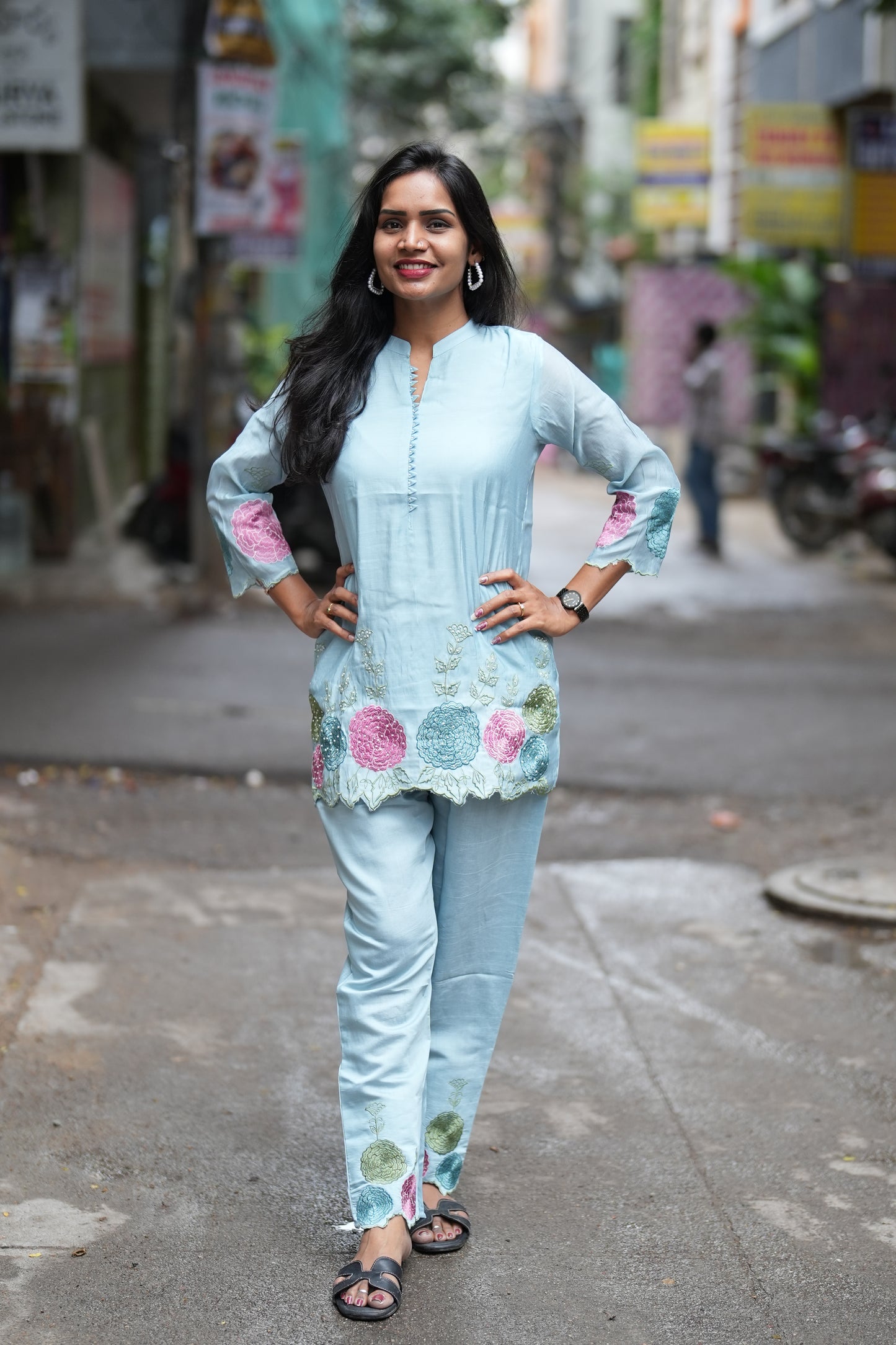 Light Blue Color Designer Wear Mul Chanderi Cord Set