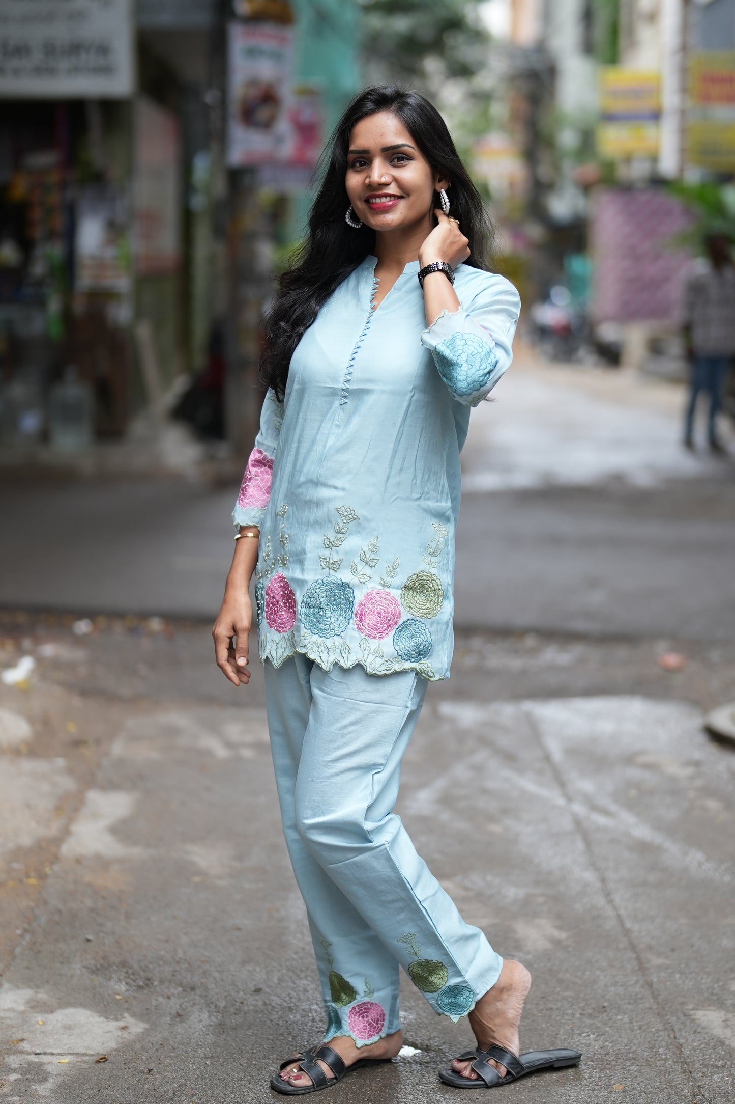 Light Blue Color Designer Wear Mul Chanderi Cord Set