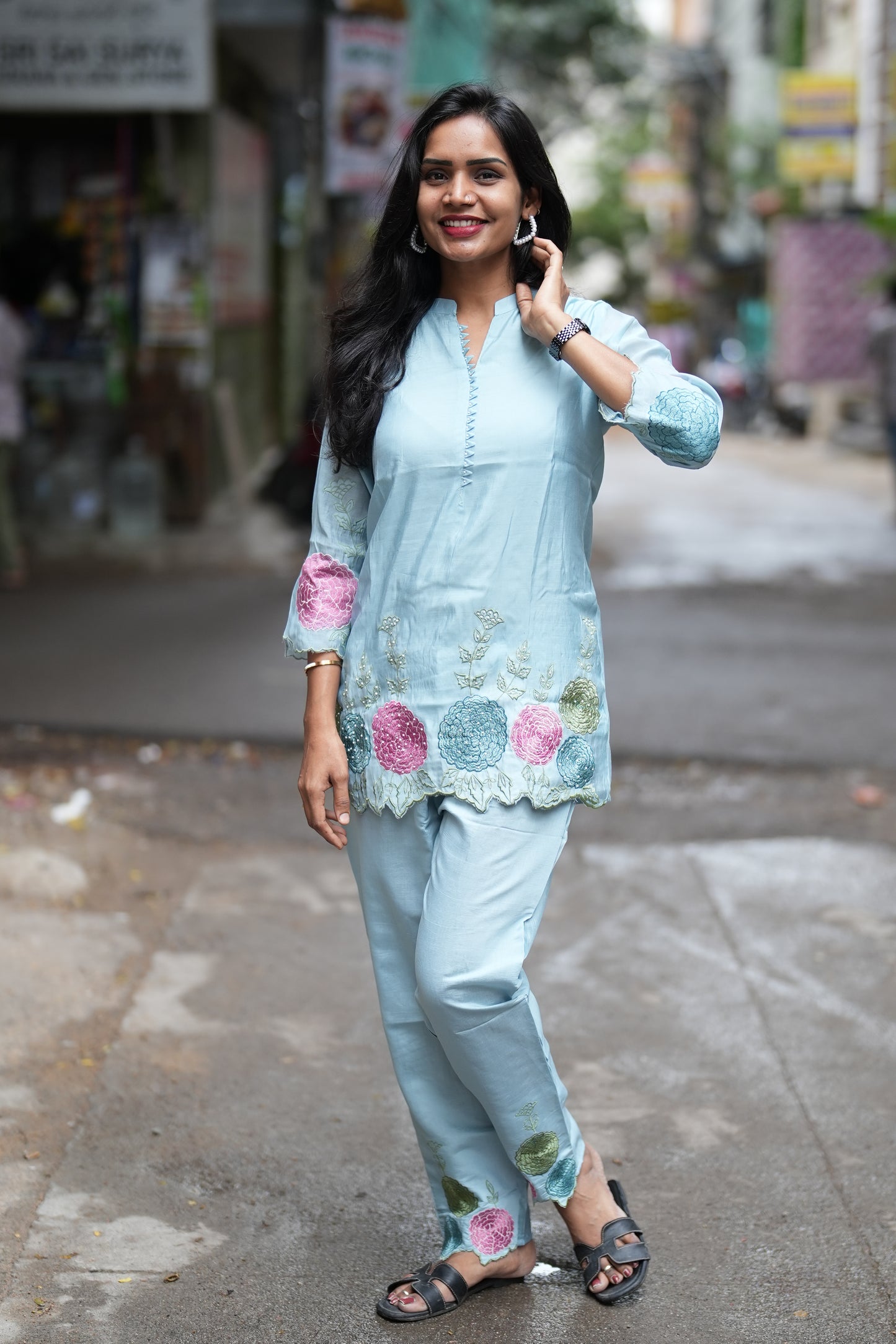 Light Blue Color Designer Wear Mul Chanderi Cord Set