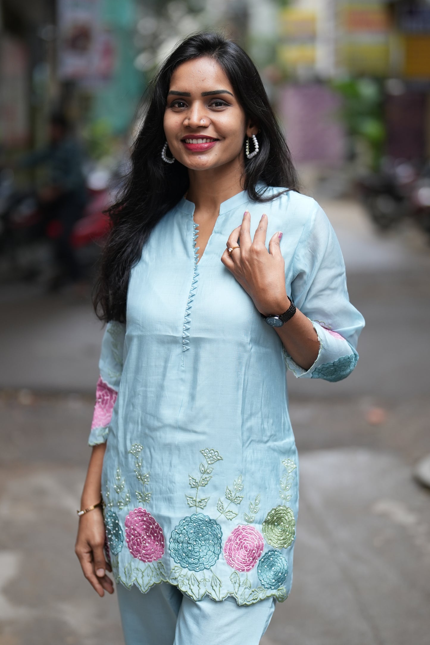 Light Blue Color Designer Wear Mul Chanderi Cord Set