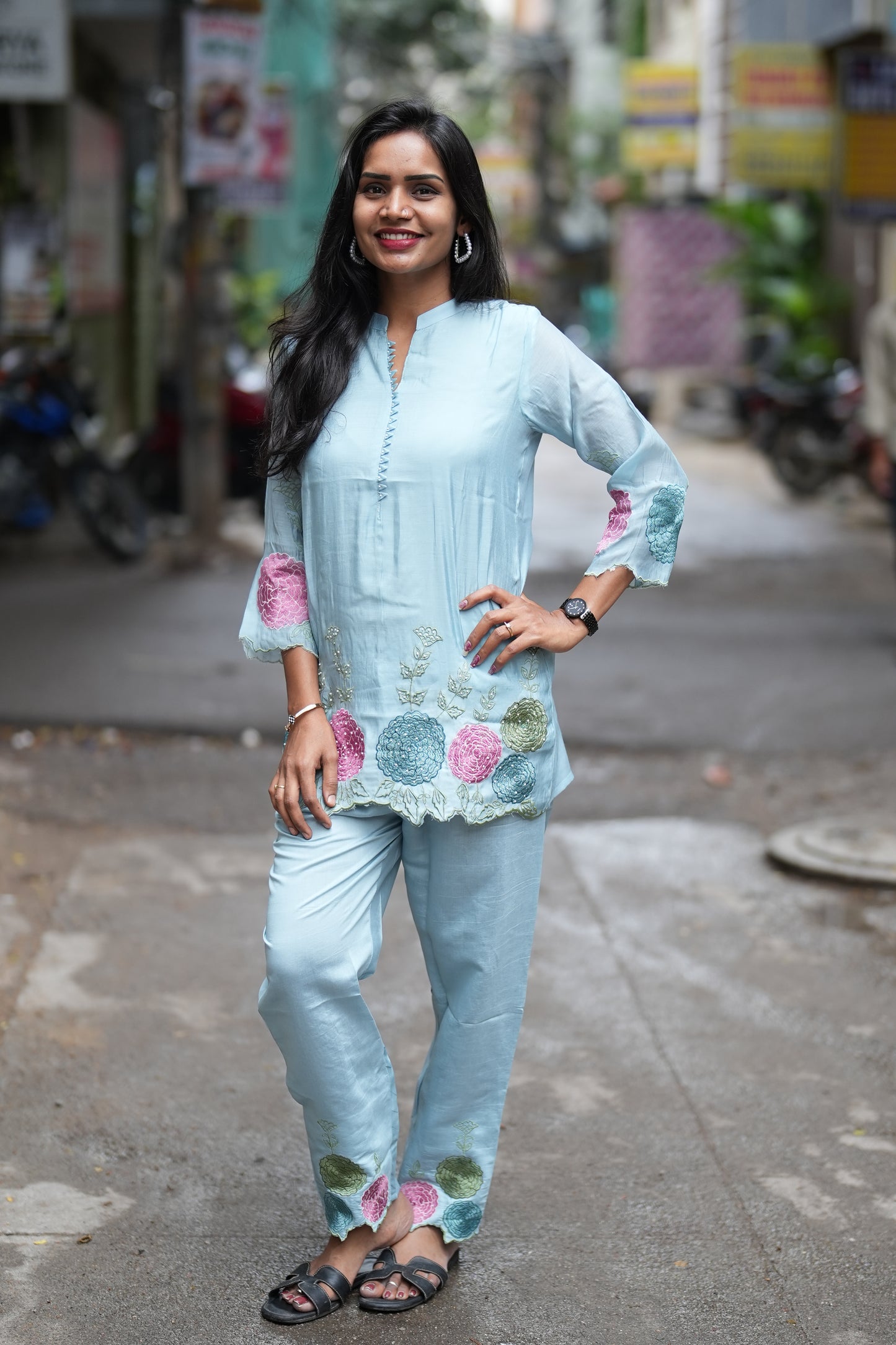 Light Blue Color Designer Wear Mul Chanderi Cord Set