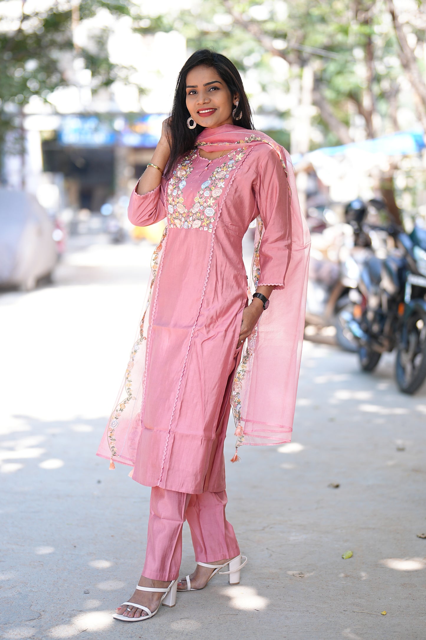 Peach color Viscose Fabric Party Wear 3 Piece Set