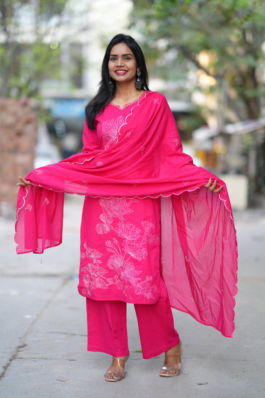 Pink Color Jaipur Cotton 3 Piece Set With Embroidery Work and Complete Lining