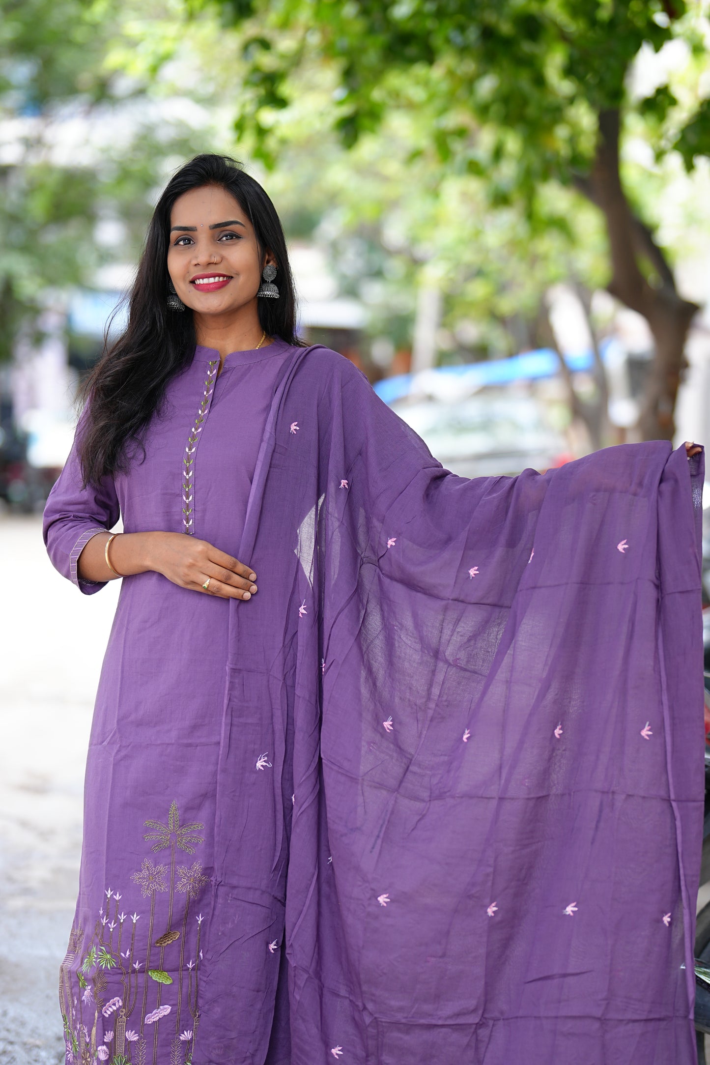 Lavender Color Jaipur Cotton Straight Cut 3 Piece Set With Complete Lining