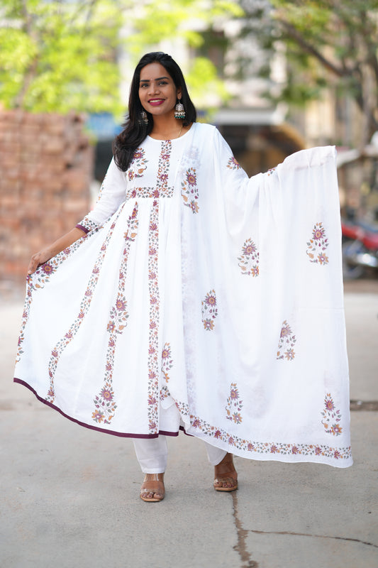 White Color Mul Cotton 3 Piece Set With Jaipur Block Print and Complete Lining