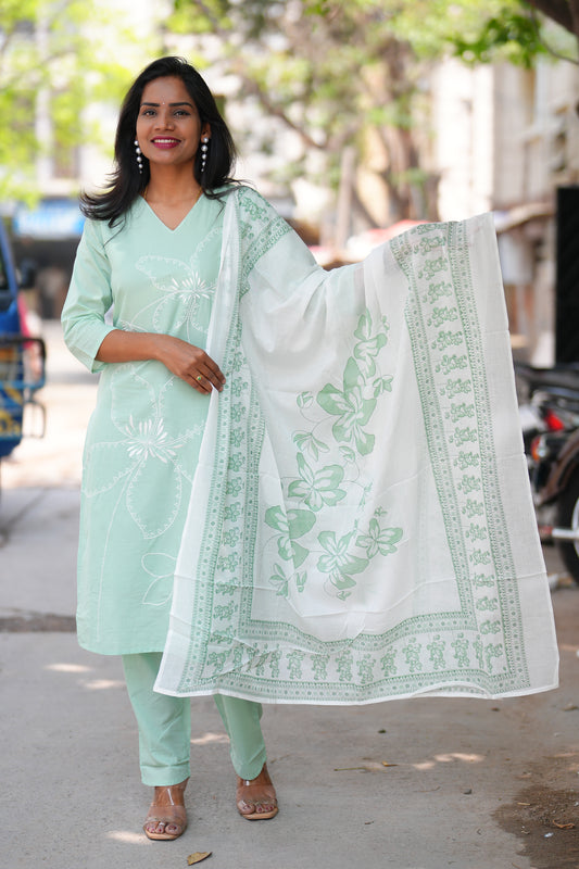 Mint Green Color Jaipur cotton 3 Piece Set with Embroidery work and Complete Lining