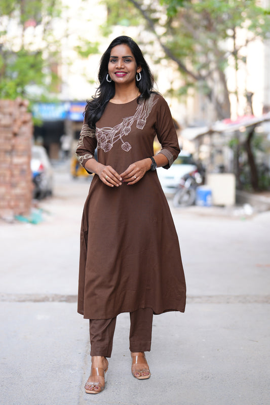 Brown Color Flex Cotton Cord Set With Embroidery work