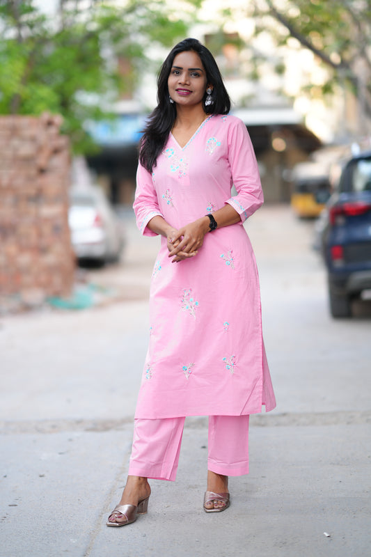 Pink Color 92.5 Jaipur Cotton Office Wear Cord Set With Embroidery work