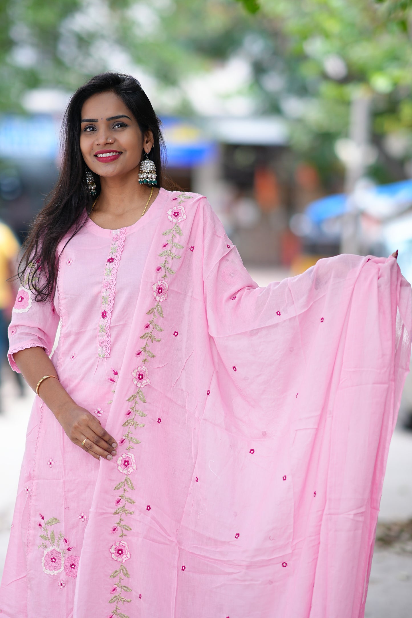 Pink Color Pure Mul Mul Cotton Anarkali 3 Piece Set With Thread Embroidery