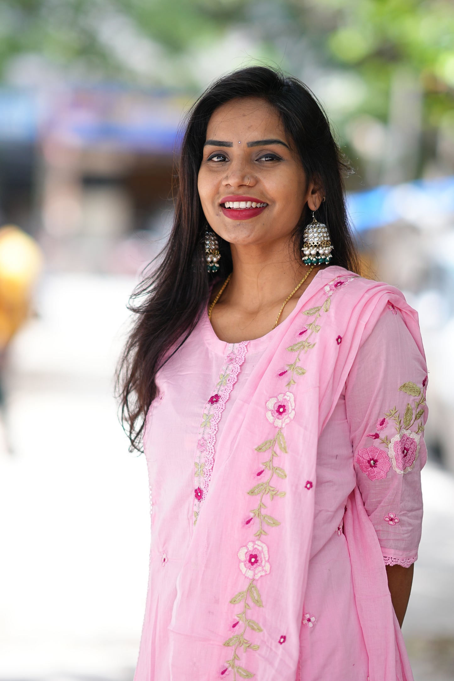 Pink Color Pure Mul Mul Cotton Anarkali 3 Piece Set With Thread Embroidery