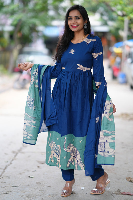 Blue Color Jaipur Cotton With Green Elephant Print Dupatta 3 Piece Set