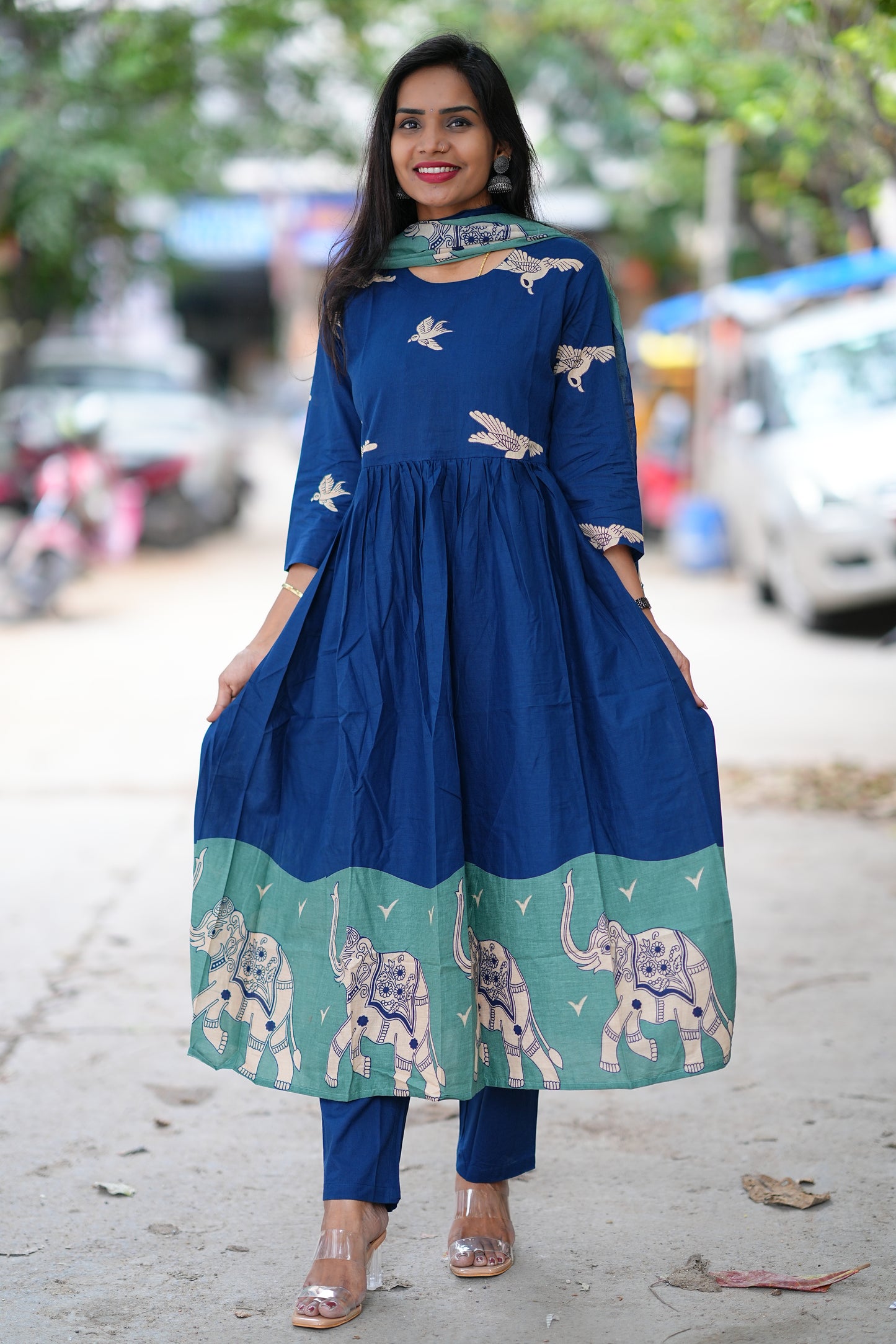 Blue Color Jaipur Cotton With Green Elephant Print Dupatta 3 Piece Set