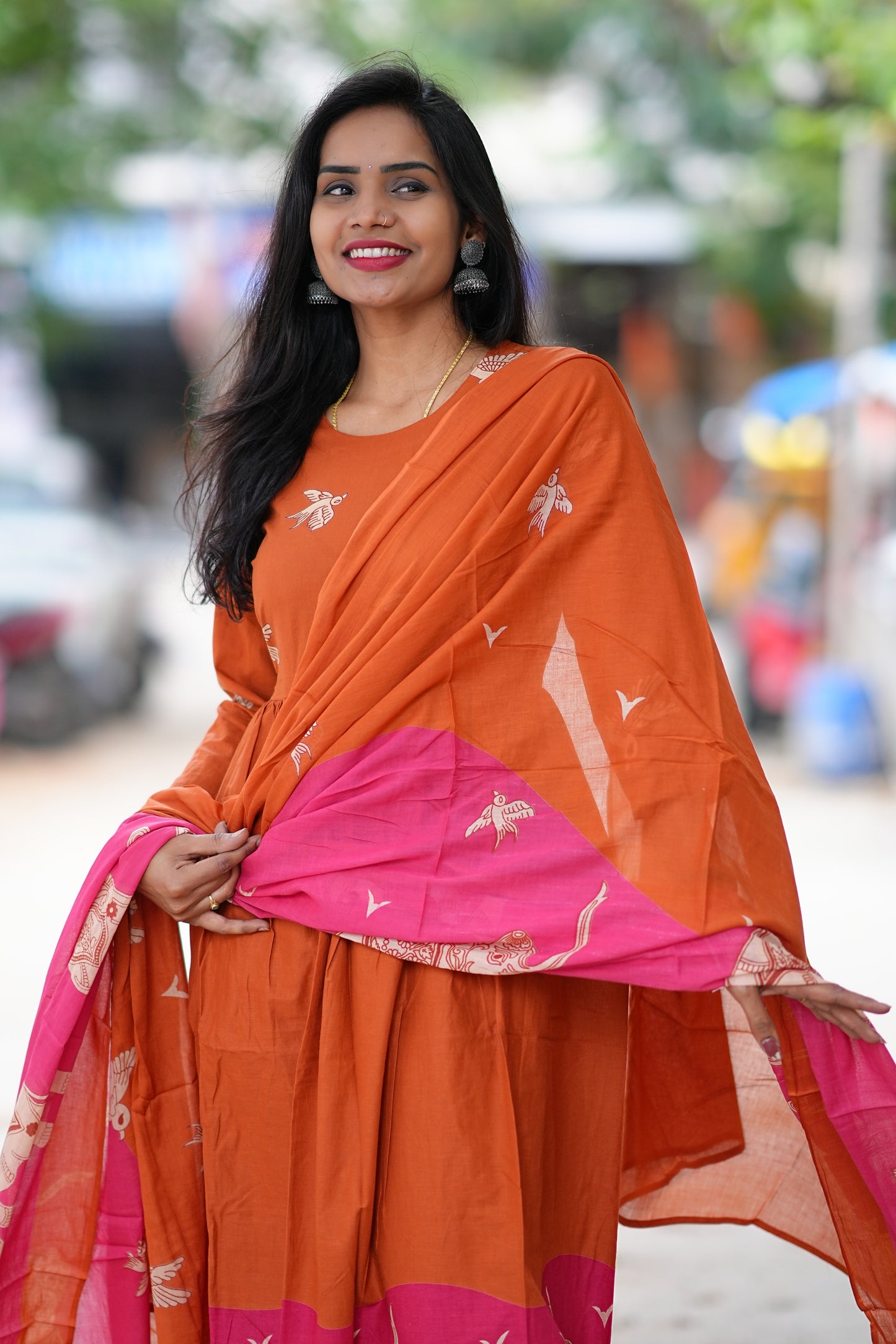 Orange Color Jaipur Cotton With Elephant Print Dupatta 3 Piece Set