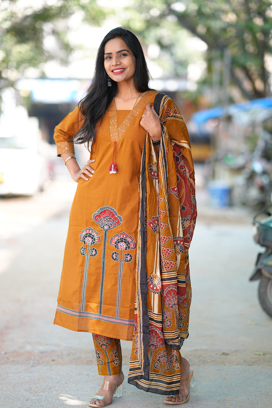 Brown Color Jaipur Cotton 3 Piece Set With Embriodary Work and Complete Lining