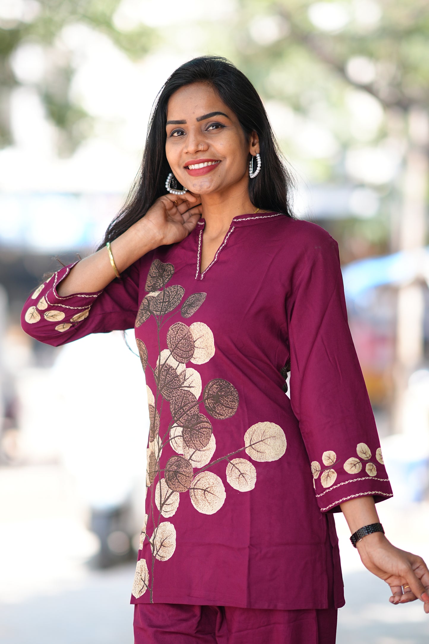 Round Neck With V slit Maroon Color Heavy Rayon With Botanical Print