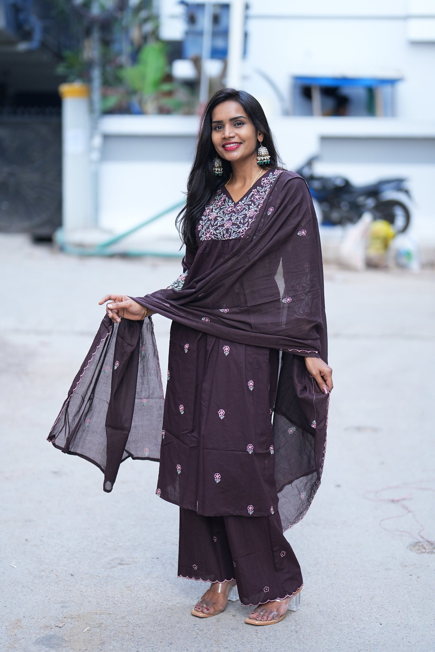 Brown Color Jaipur Cotton 3 Piece Set With Thread Embroidery Work