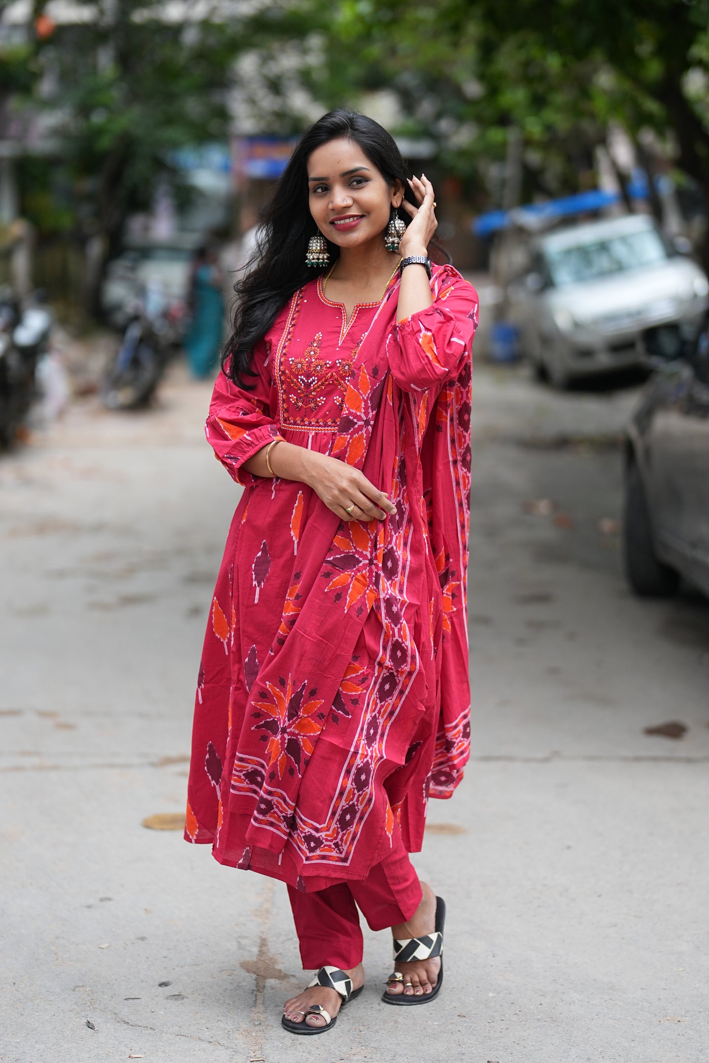 Red Color Anarkali Dress 3 Piece Set With Thread Embroidery Work