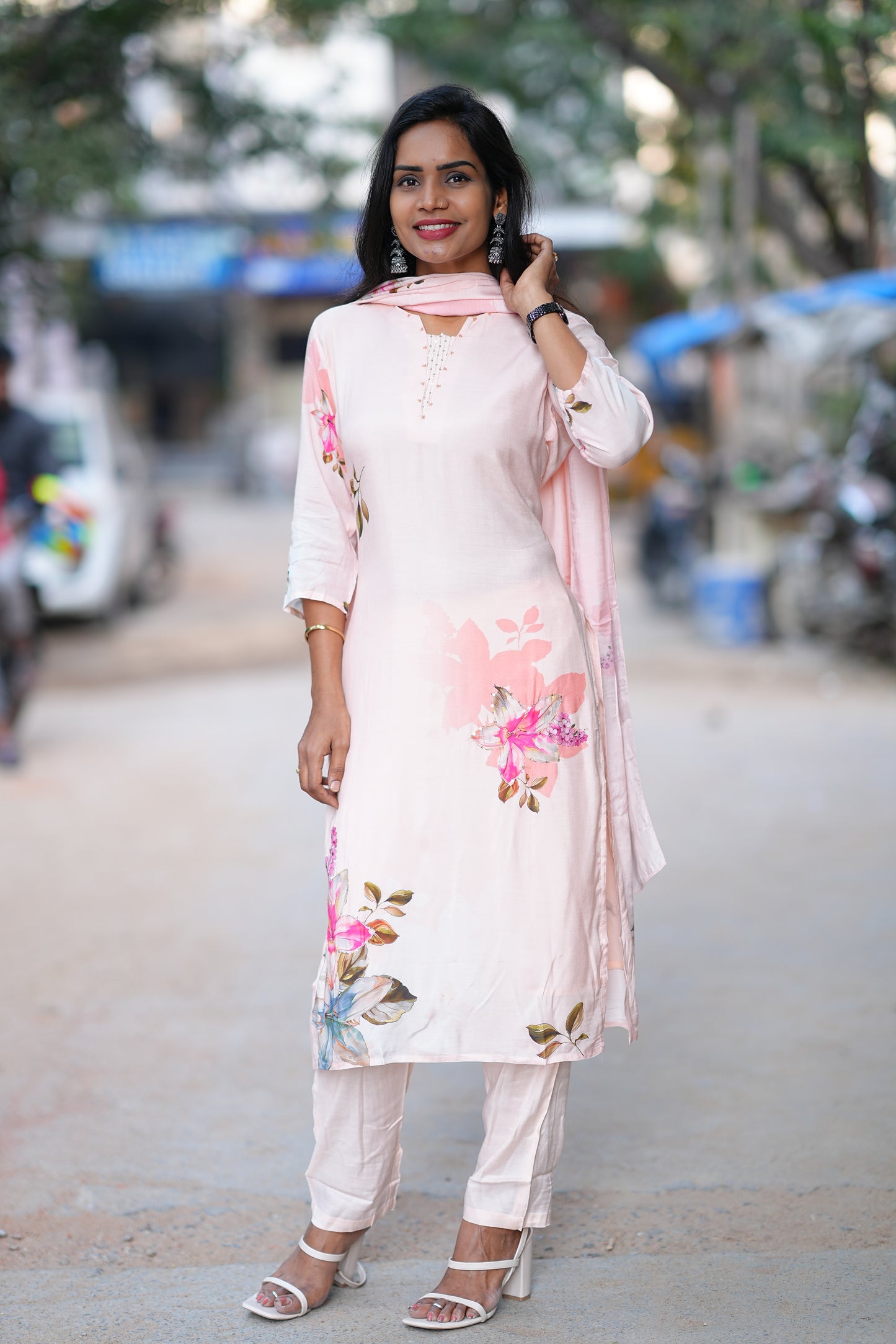 Pure Muslin Pink Floral Print 3 Piece Set With Complete Lining