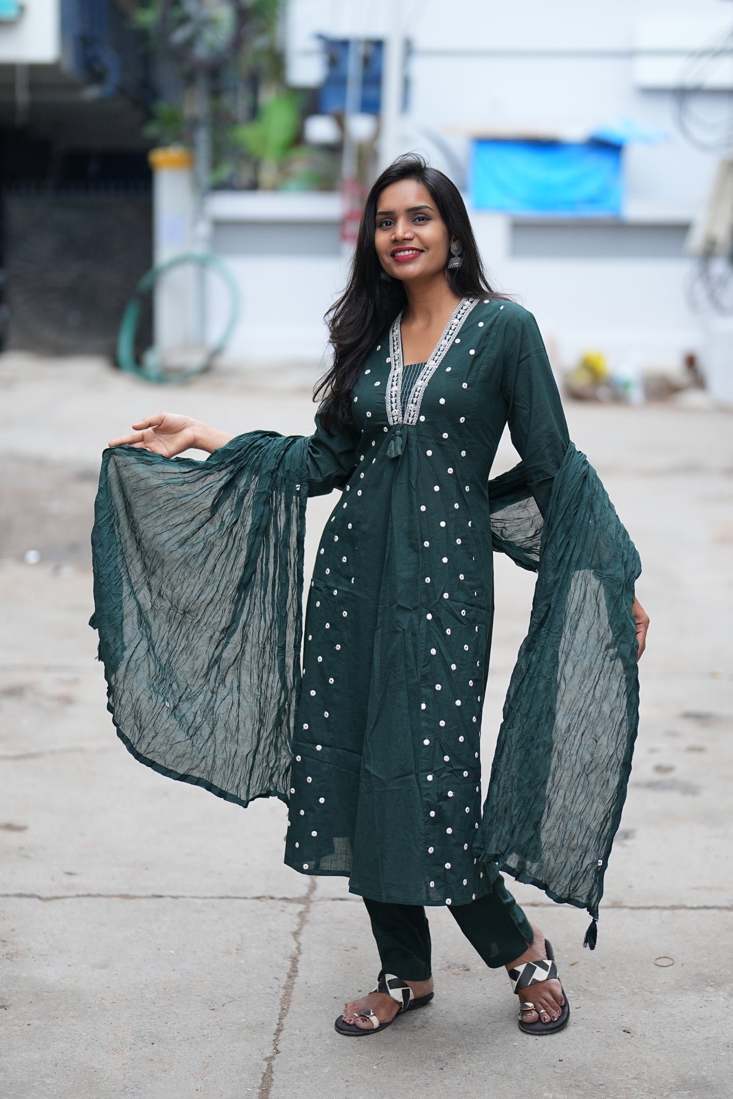 Dark Green Color Cotton 3 Piece Set With Sequence Work