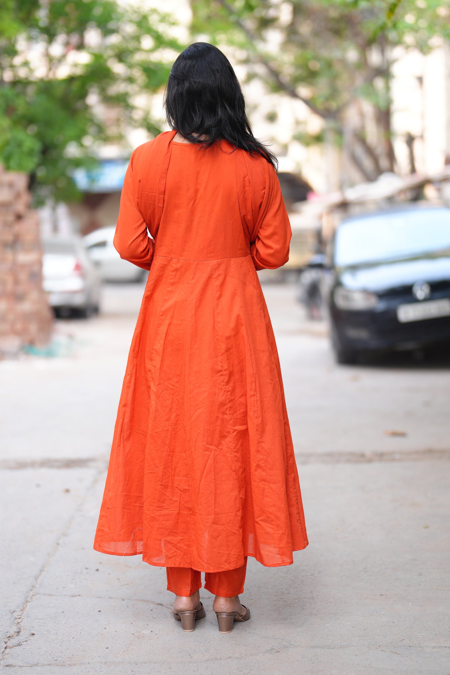 Orange Color Mul Cotton Anarkali 3 Piece Set With Lining