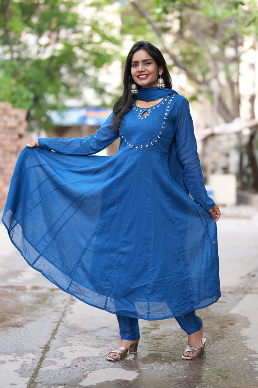 Blue Color Mul Cotton Anarkali 3 Piece Set With Lining