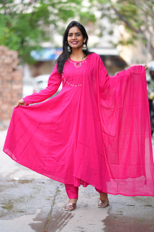 Rani Pink Color Mul Cotton Anarkali 3 Piece Set With Lining