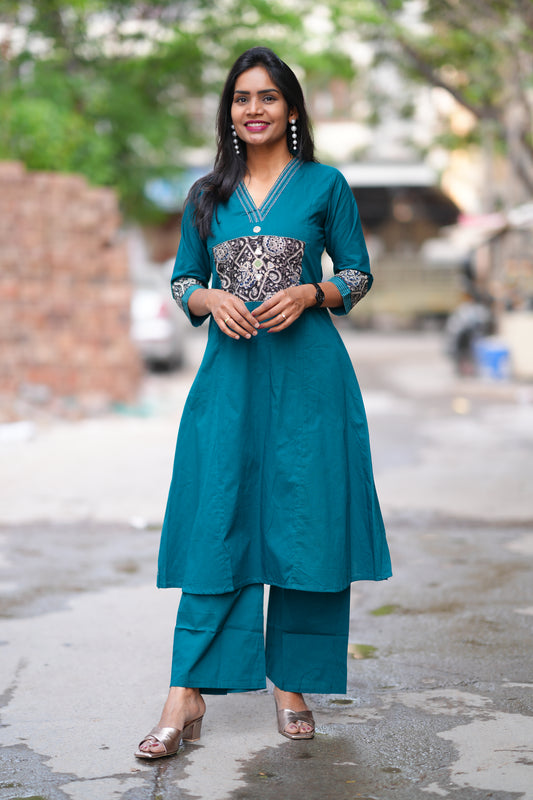Emerald Green Color Jaipur Cotton Cordset With Kalamkari Applique Work and plazzo Pant