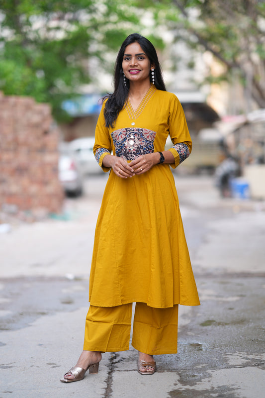 Yellow Color Jaipur Cotton Cordset With Kalamkari Applique Work and plazzo Pant
