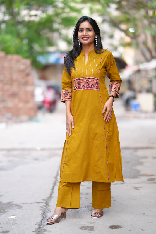 Olive Green Color Stylish Office Wear Cord Set With Ajrakh Patch and Palazzo Pants