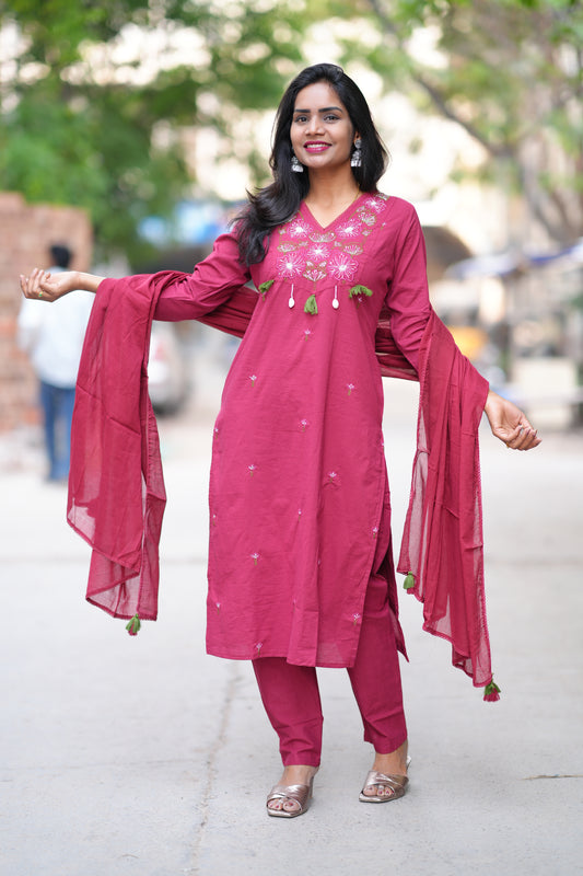 Wine Color Jaipur Cotton 3 piece Set With Embroidery Work and Complete Lining