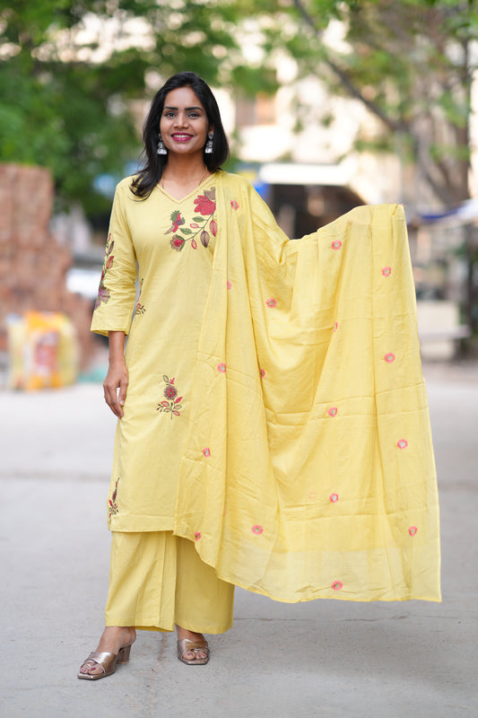 Lime Yellow Color Jaipuri Cotton 3 Piece Set With Heavy Embroidery Work