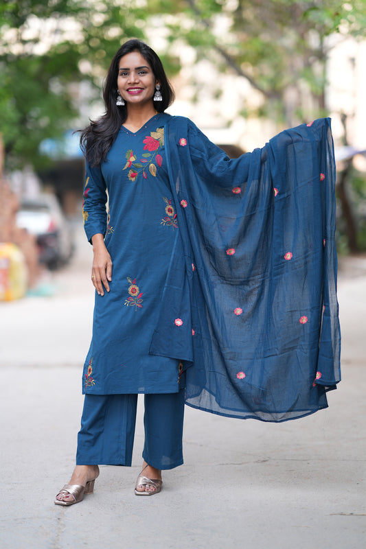 Teal Blue Jaipur Cotton 3 Piece Set With Heavy Embroidery Work