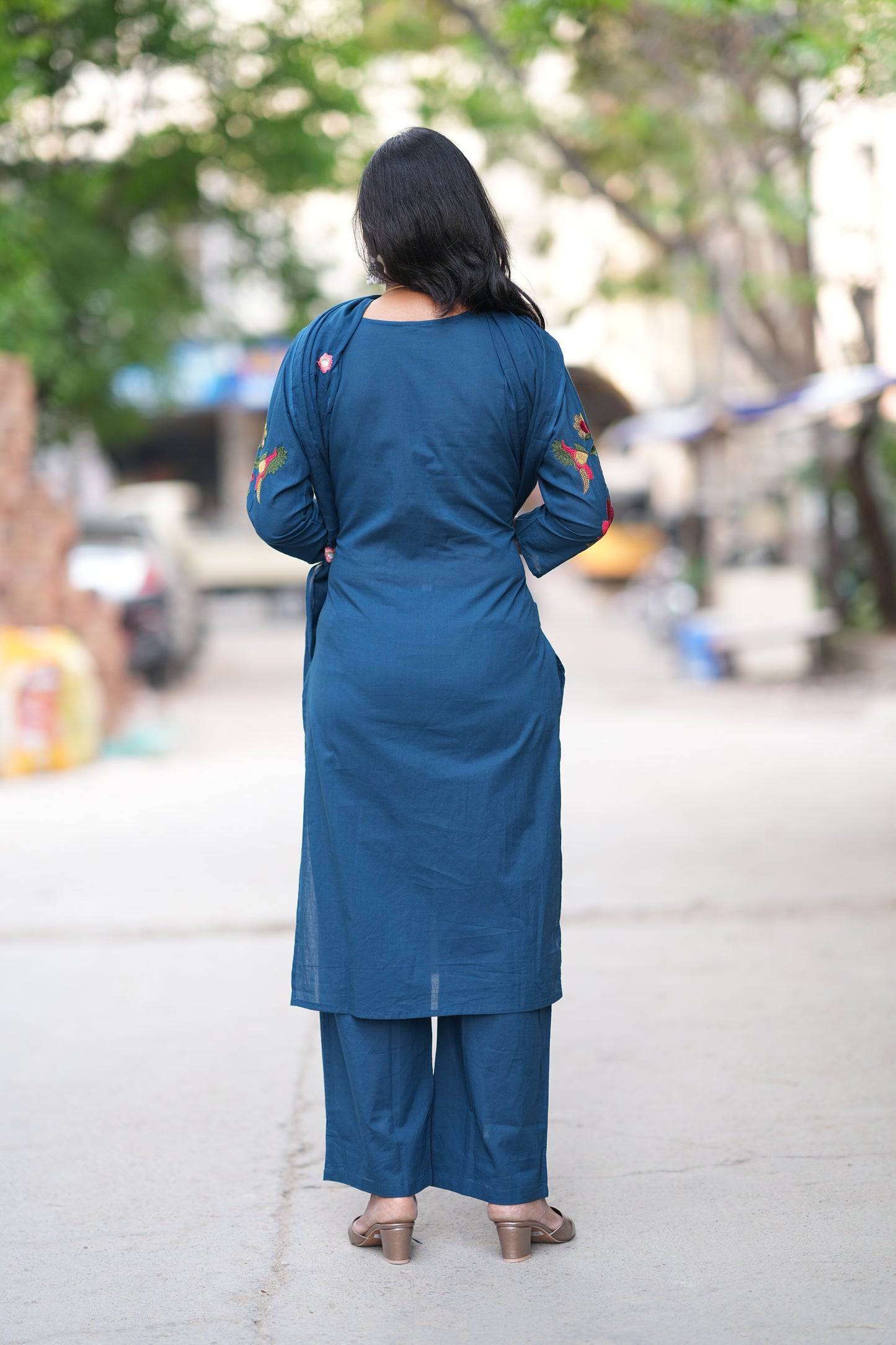 Teal Blue Jaipur Cotton 3 Piece Set With Heavy Embroidery Work