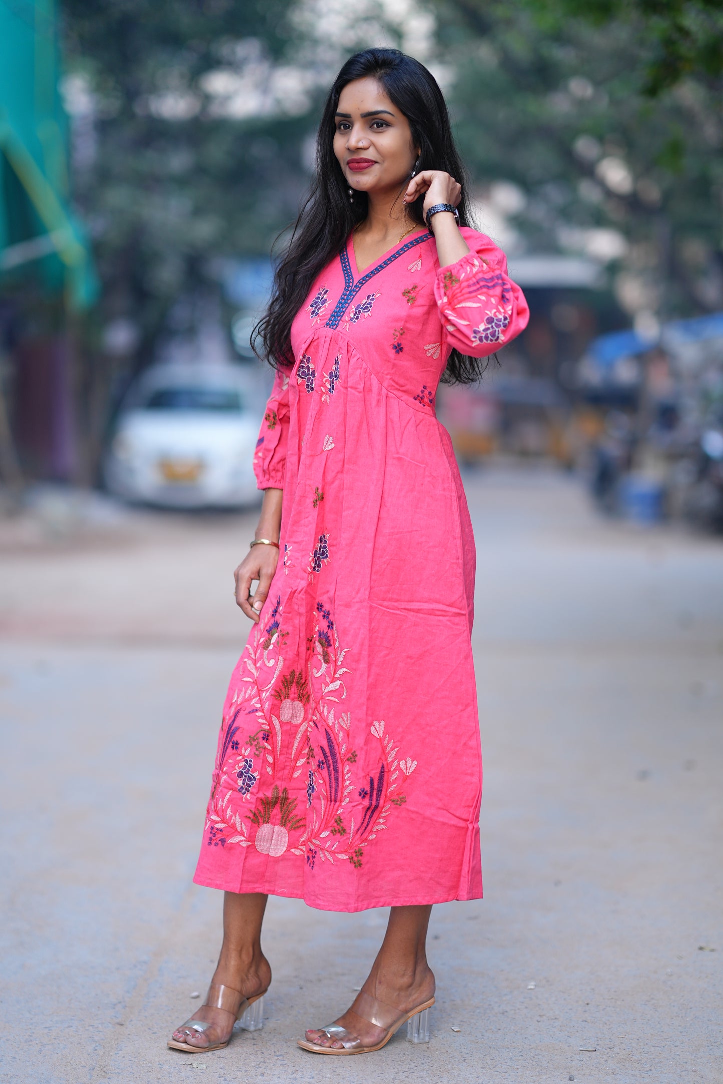 Pink and Blue Combo Party Wear Maxi With Embroidery Work