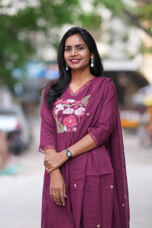 Plum Purple Mul Cotton 3 Piece Set With Embroidery Work and Complete Lining