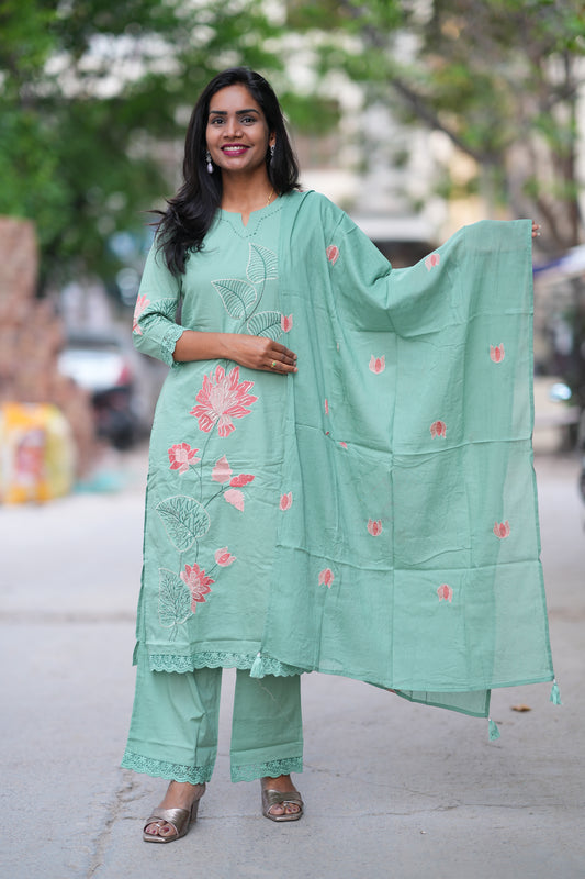 Sea Green Color Jaipur Cotton 3 Piece Set With Embroidery work and Complete Lining