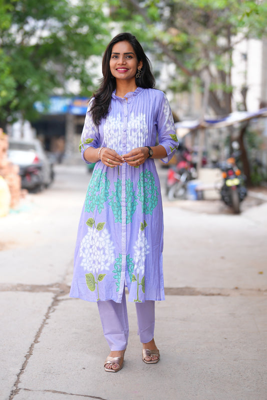 Lavender Color Pure Mul Cotton Designer Wear Cord Set with Lining