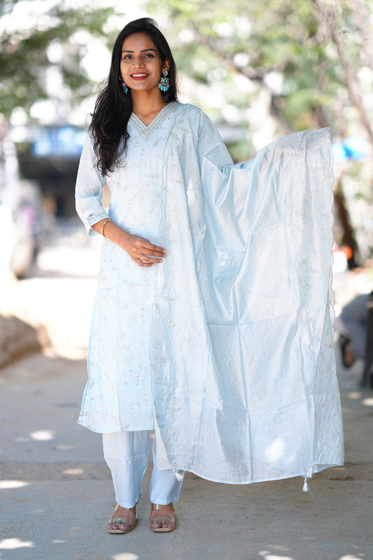 Sky Blue Color Designer Wear Duppata Set in viscose Fabric