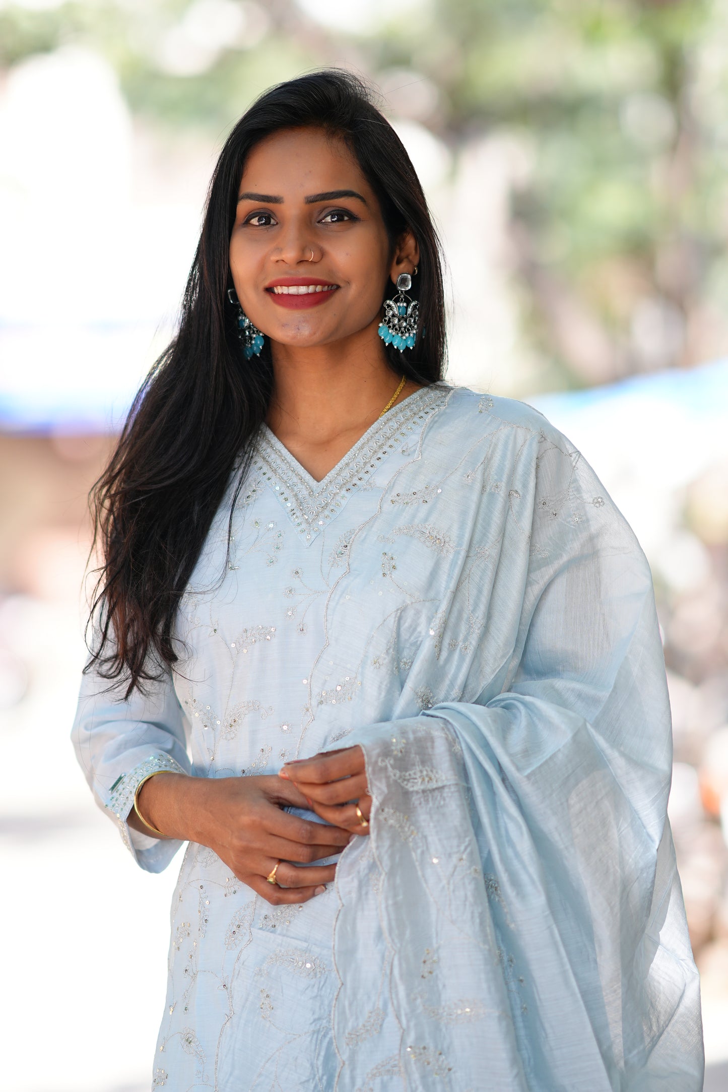 Sky Blue Color Designer Wear Duppata Set in viscose Fabric