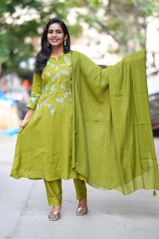 Olive Green Color Mul Chanderi Designer 3 Piece Set With Complete Lining