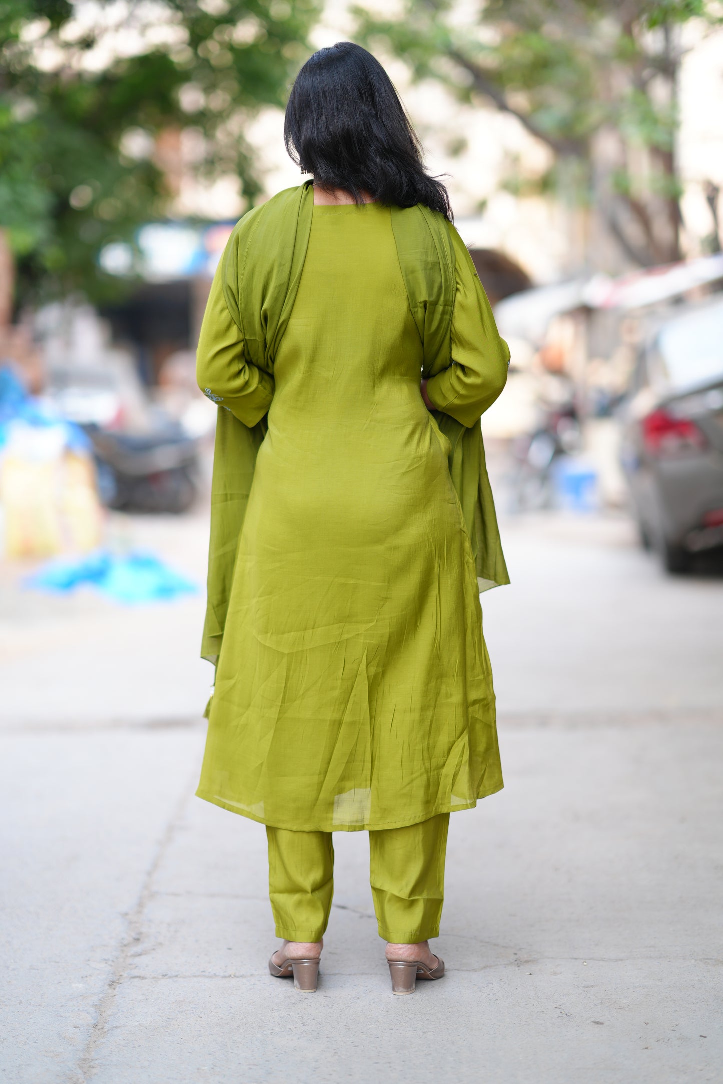 Olive Green Color Mul Chanderi Designer 3 Piece Set With Complete Lining