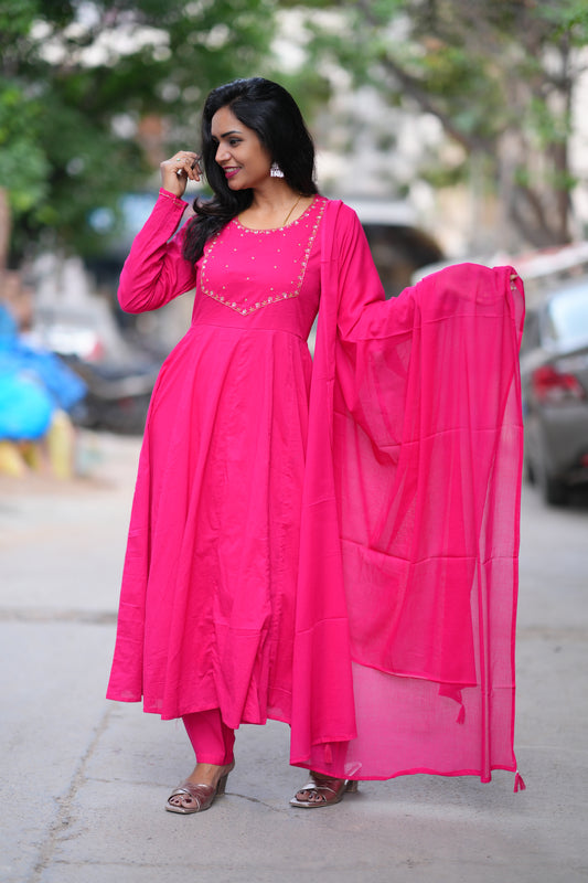 Rani Pink Color Mul Cotton 3 Piece Set With Gota Patti Work and complete Lining