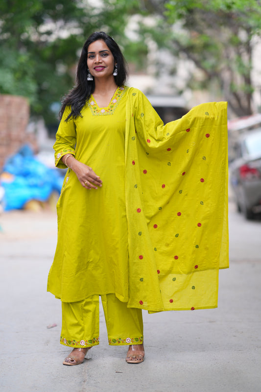 Golden Yellow color Jaipuri Cotton 3 piece Set With Pazzo Pant and Embroidery Work