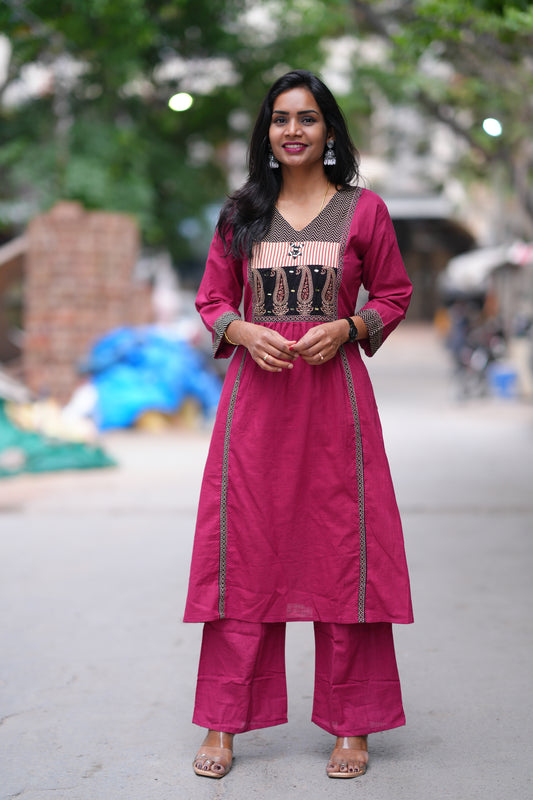 Magenta Pink Color Jaipuri Cotton Cord Set With Palazzo Pants