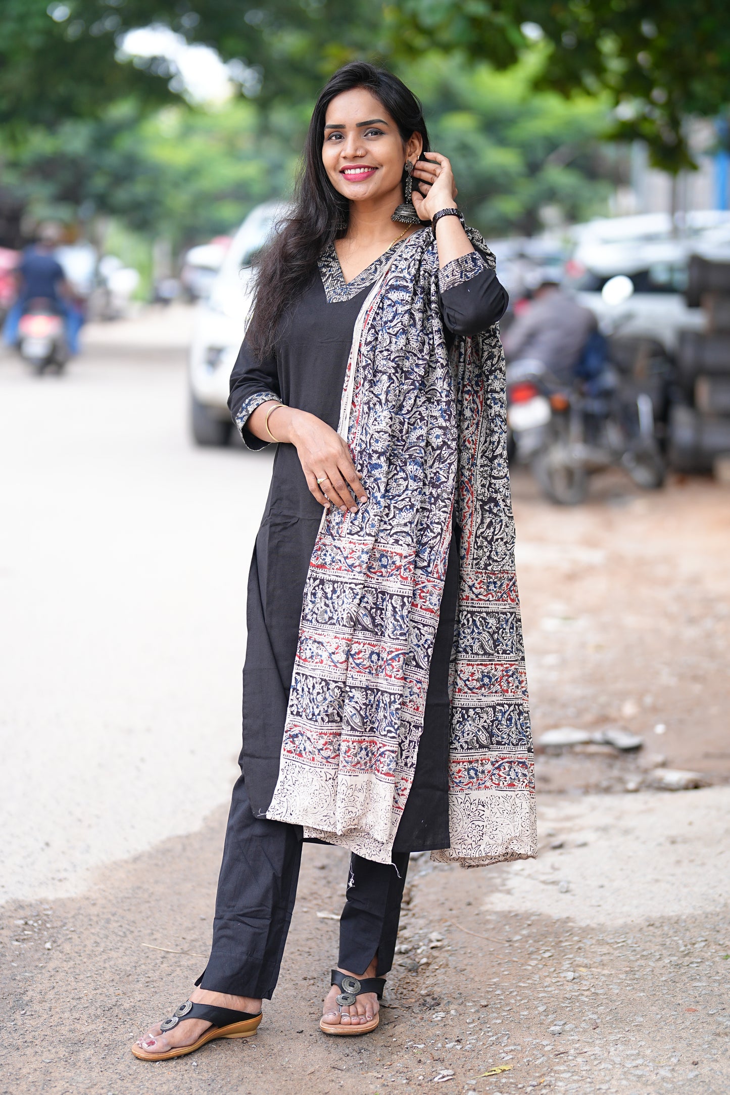 Black Color Pure Jaipur Cotton V Neck Straight Cut With Kalamkari Dupatta