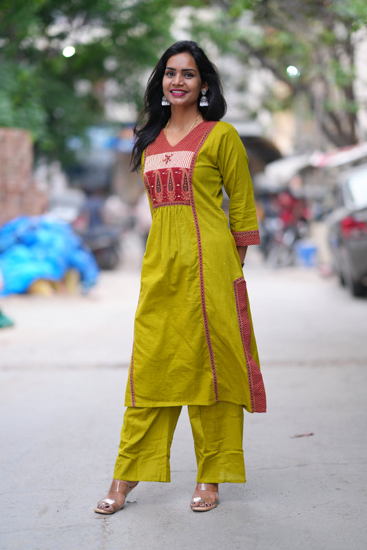 Mustard Yellow Jaipuri cotton Cord Set With Palazzo Pants