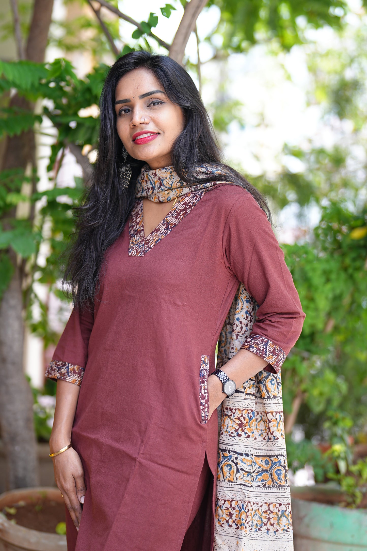 Brown Color Pure Jaipur Cotton V Neck Straight Cut With Kalamkari Dupatta